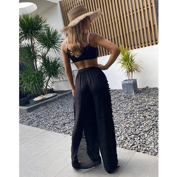 π€ TALL BLACK POM POM SLIT HIGH WAIST BEACH PANTS! - Picture 5 of 11